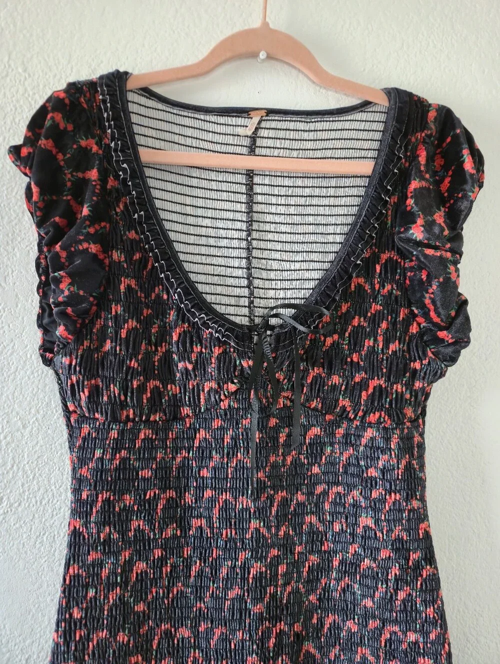 Free People McKenna V Neck Smocked Black & Red Velvet Bodycon Maxi Black Medium